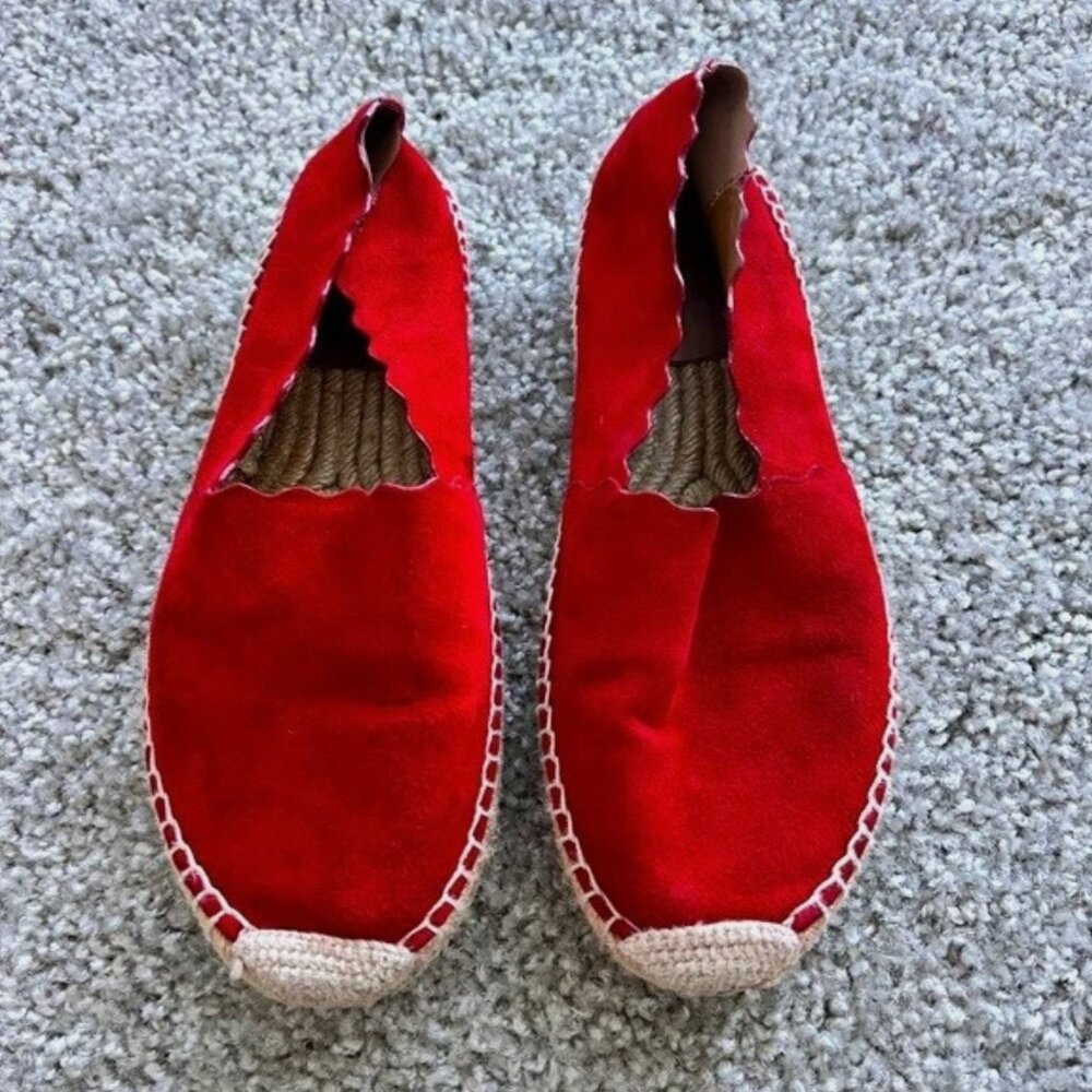 Chloe Scalloped Espadrille Flats - Red Leather Suede - Size 6 (EU 36)